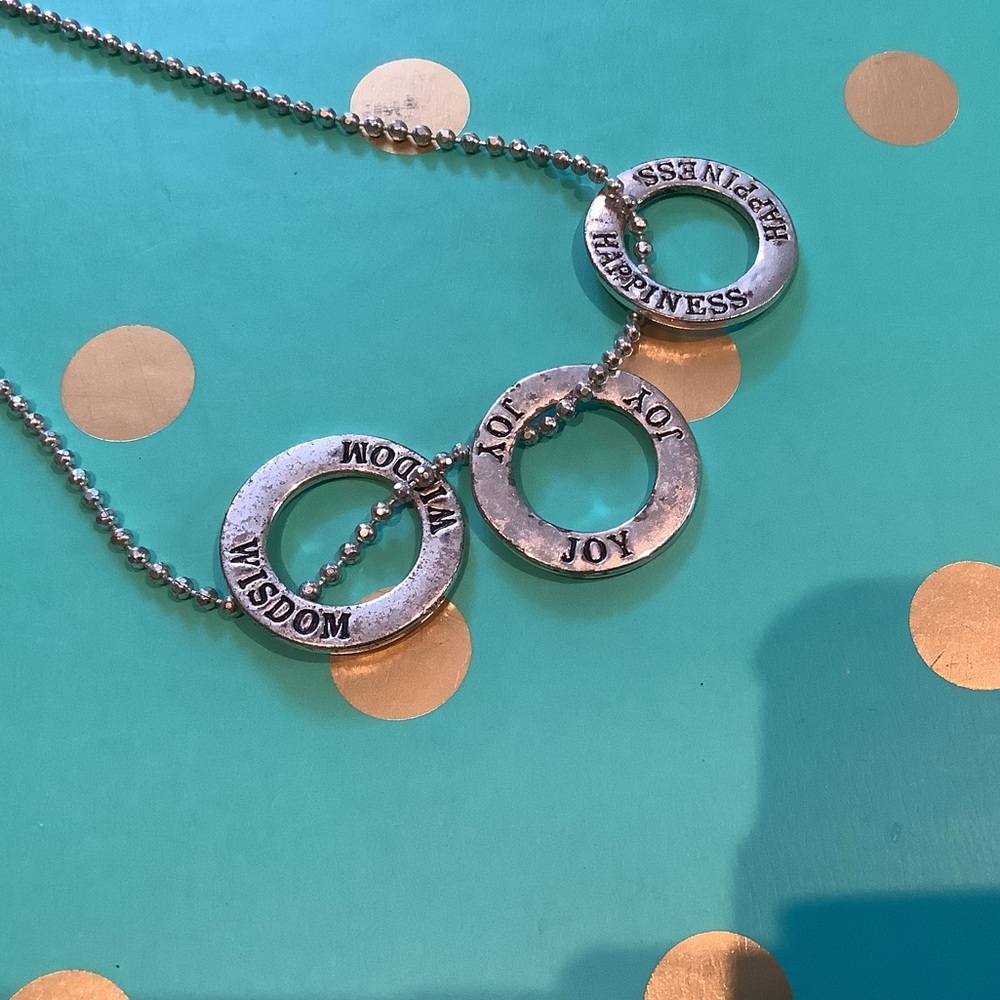 Double sided engraved disks on a 22” stainless steel chain Joy Wisdom Happiness